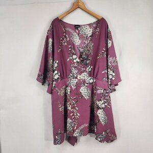 Torrid Purple  Floral Tie Waist Short Sleeve Top Blouse 5X V Neck Babydoll